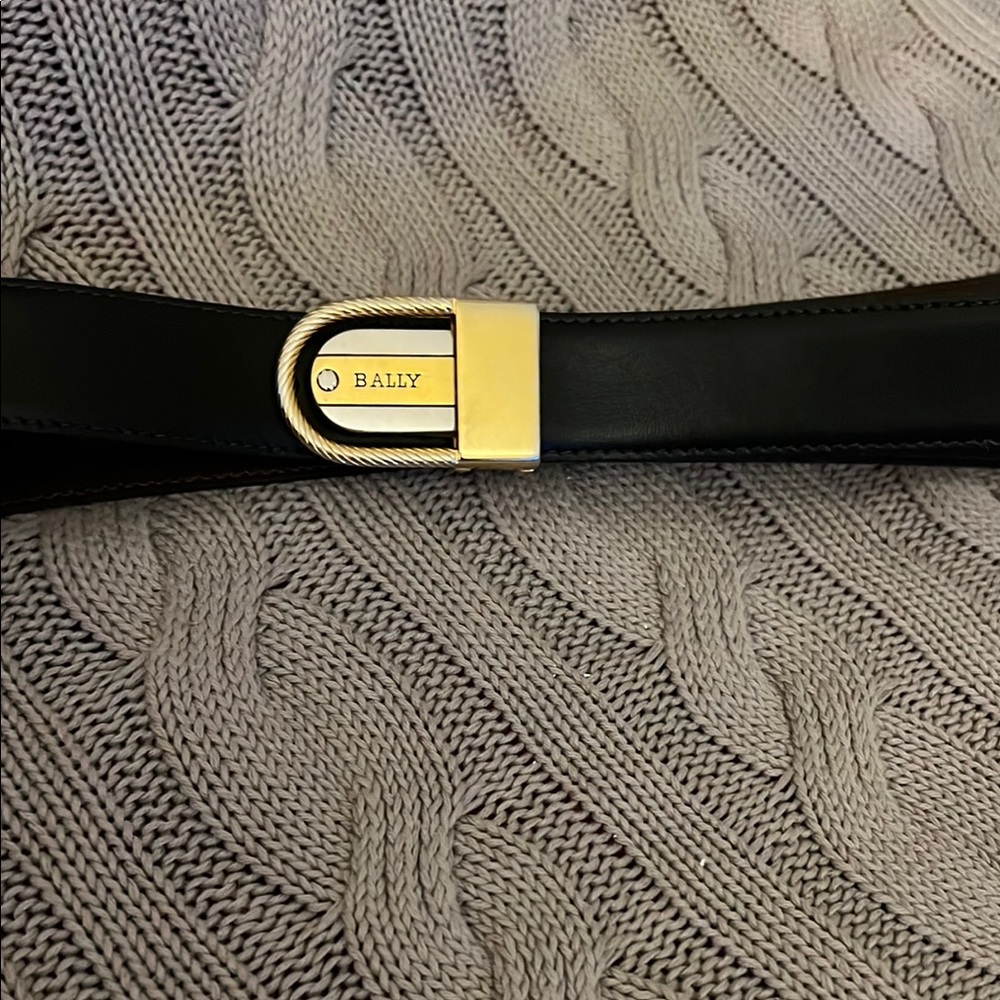 Bally Black Leather Belt with Silver & gold Buckle